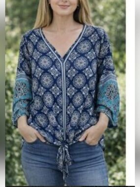 Max Studio Boho Blue Teal Crepe Medallion Tie-Front Women's Blouse Size 1X